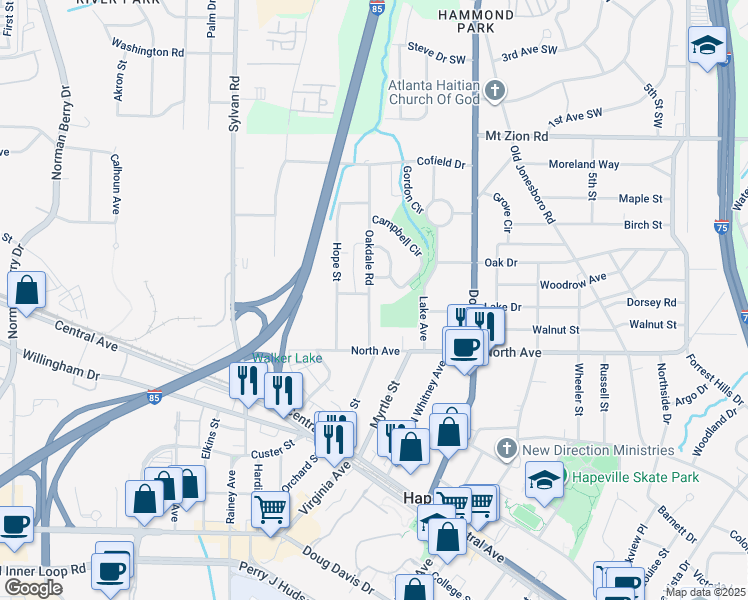 map of restaurants, bars, coffee shops, grocery stores, and more near 3194 Oakdale Road in Atlanta