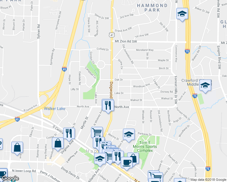 map of restaurants, bars, coffee shops, grocery stores, and more near 3186 Dogwood Drive in Hapeville