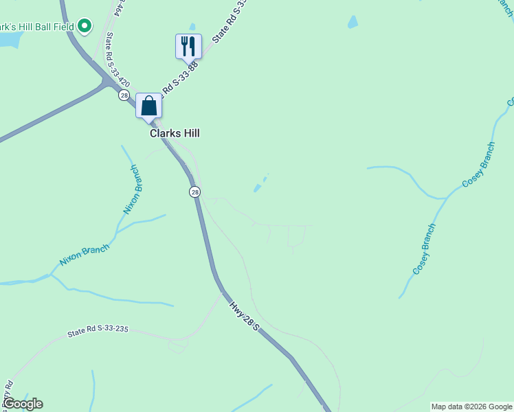 map of restaurants, bars, coffee shops, grocery stores, and more near State Road S-33-392 in Clarks Hill