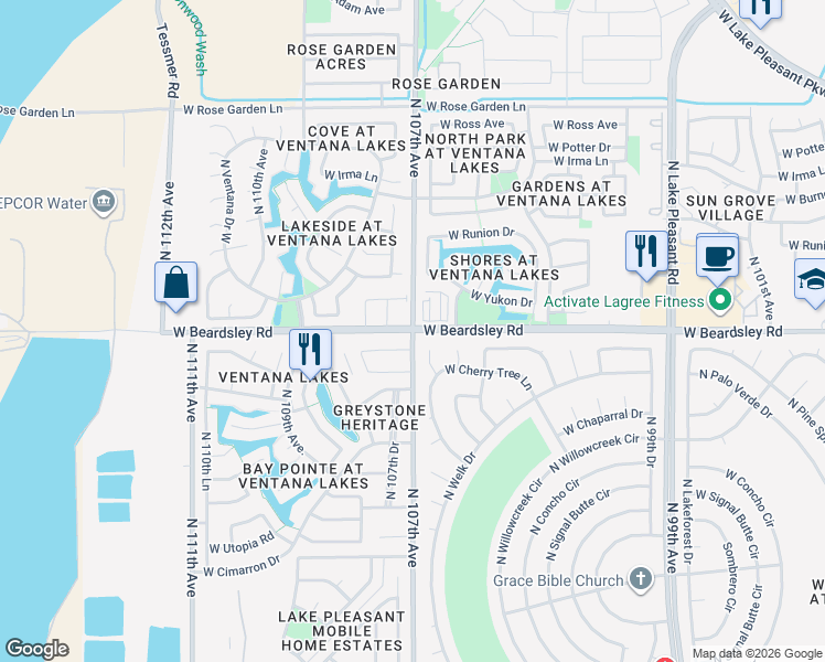 map of restaurants, bars, coffee shops, grocery stores, and more near N 107th Ave & W Beardsley Rd in Peoria