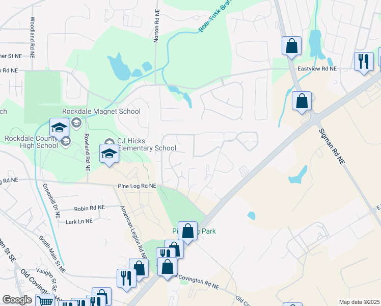 map of restaurants, bars, coffee shops, grocery stores, and more near 1020 Weatherwood Place Northeast in Conyers