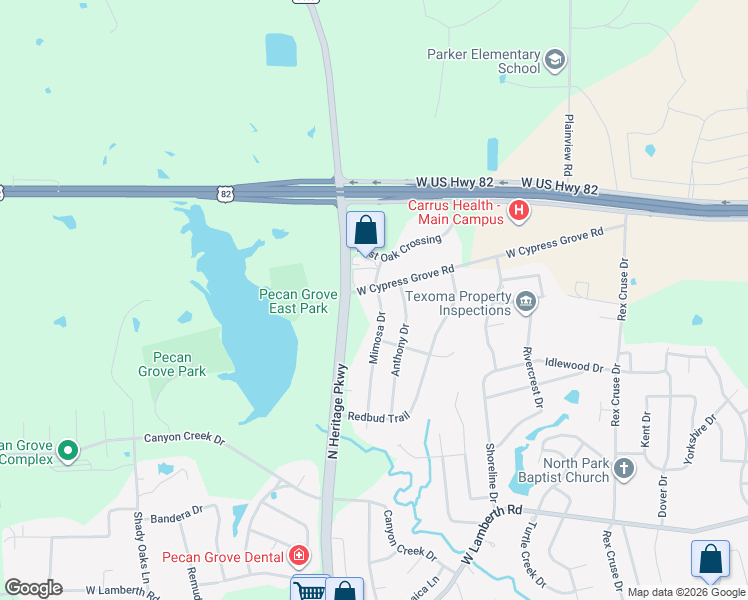 map of restaurants, bars, coffee shops, grocery stores, and more near 3213 Mimosa Drive in Sherman