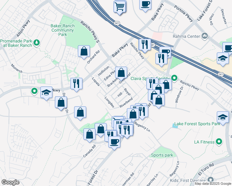 map of restaurants, bars, coffee shops, grocery stores, and more near 20621 Lake Forest Drive in Lake Forest