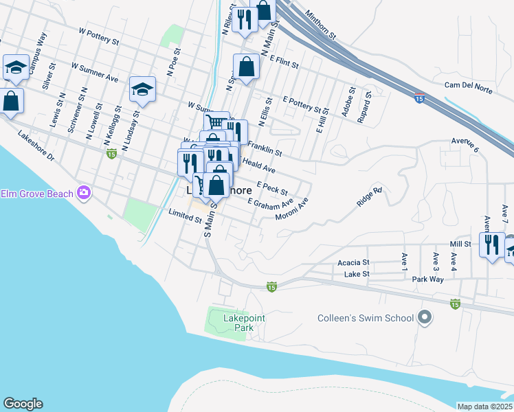 map of restaurants, bars, coffee shops, grocery stores, and more near 229 East Graham Avenue in Lake Elsinore