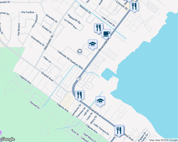 map of restaurants, bars, coffee shops, grocery stores, and more near 32900 Riverside Drive in Lake Elsinore