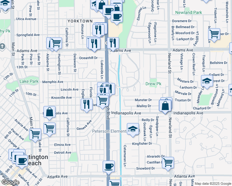 map of restaurants, bars, coffee shops, grocery stores, and more near 20362 Bridgeside Lane in Huntington Beach