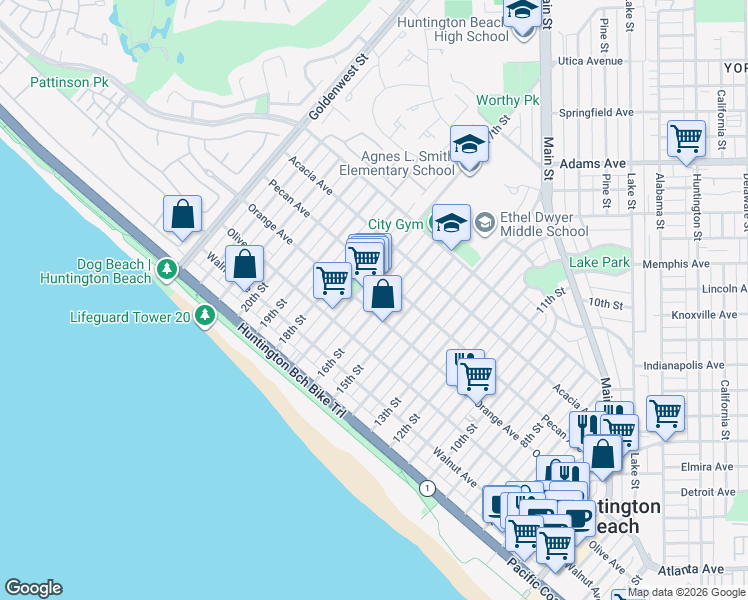 map of restaurants, bars, coffee shops, grocery stores, and more near 402 17th Street in Huntington Beach