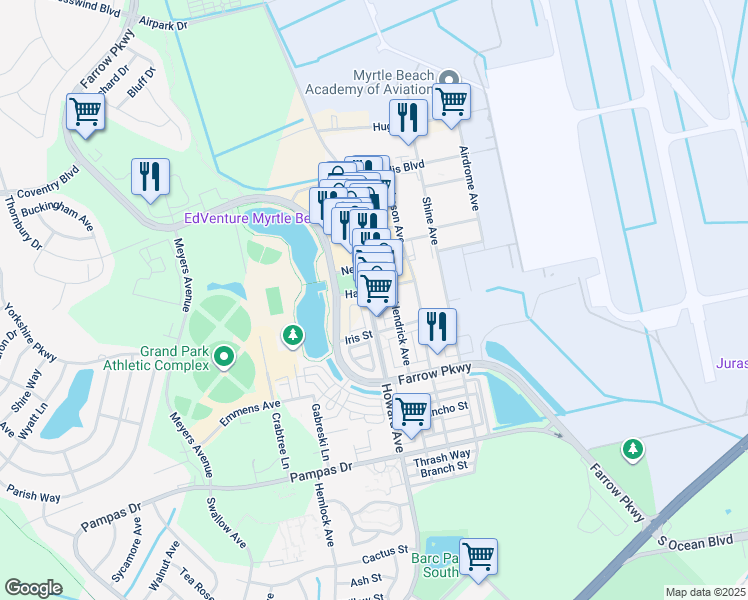 map of restaurants, bars, coffee shops, grocery stores, and more near 3050 Howard Avenue in Myrtle Beach