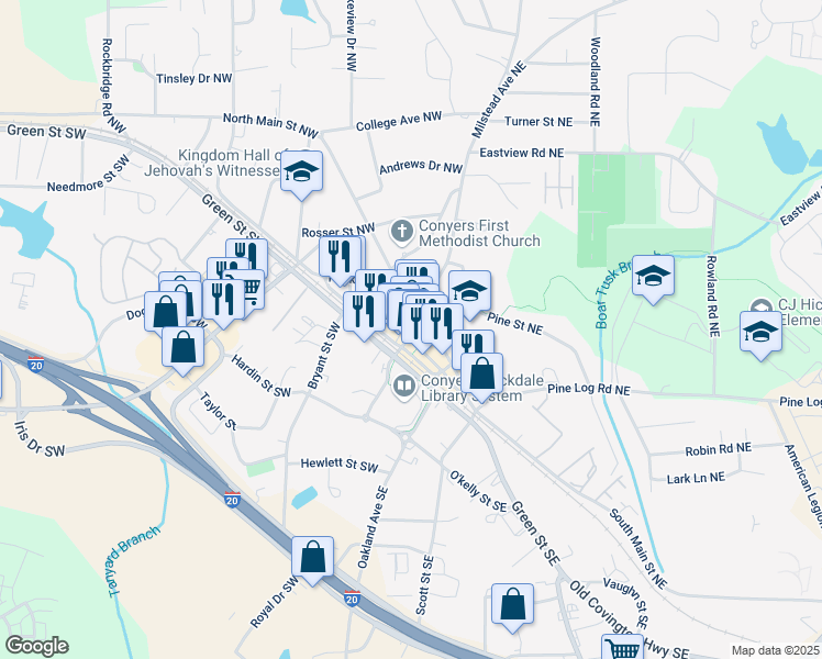 map of restaurants, bars, coffee shops, grocery stores, and more near 920 Center Street Northeast in Conyers