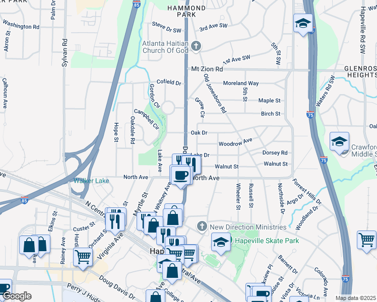 map of restaurants, bars, coffee shops, grocery stores, and more near 3186 Dogwood Drive in Hapeville