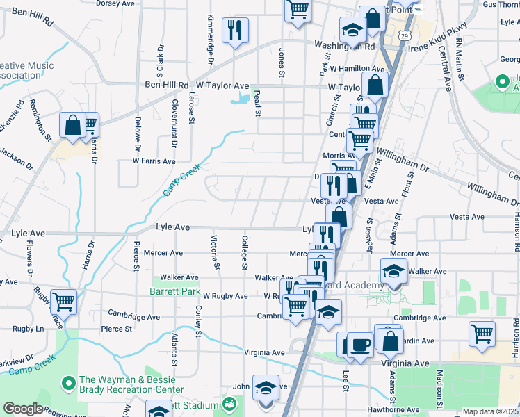 map of restaurants, bars, coffee shops, grocery stores, and more near 3242 College Street in College Park