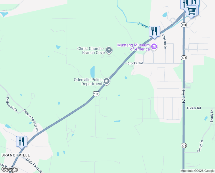 map of restaurants, bars, coffee shops, grocery stores, and more near 12600 U.S. 411 in Odenville