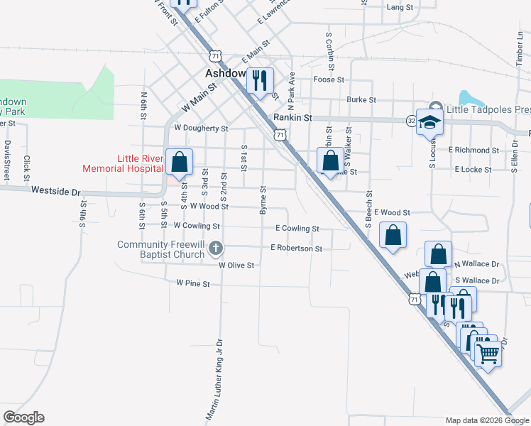 map of restaurants, bars, coffee shops, grocery stores, and more near 520 Byrne Street in Ashdown