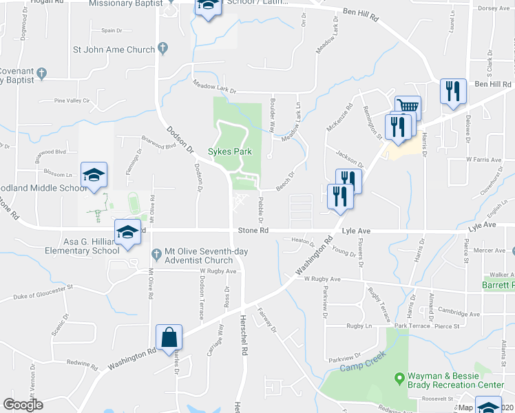 map of restaurants, bars, coffee shops, grocery stores, and more near 3253 Pebble Drive in East Point