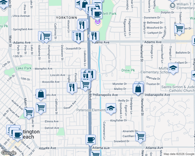 map of restaurants, bars, coffee shops, grocery stores, and more near 20331 Bluffside Circle in Huntington Beach