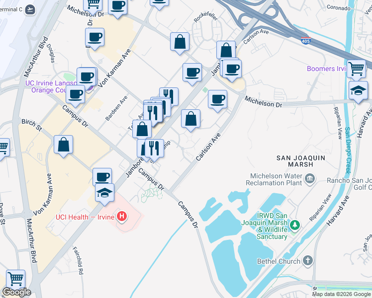 map of restaurants, bars, coffee shops, grocery stores, and more near 2100 Scholarship in Irvine