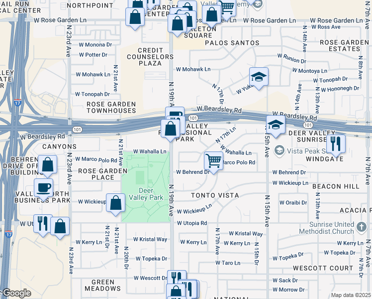 map of restaurants, bars, coffee shops, grocery stores, and more near 1830 West Wahalla Lane in Phoenix