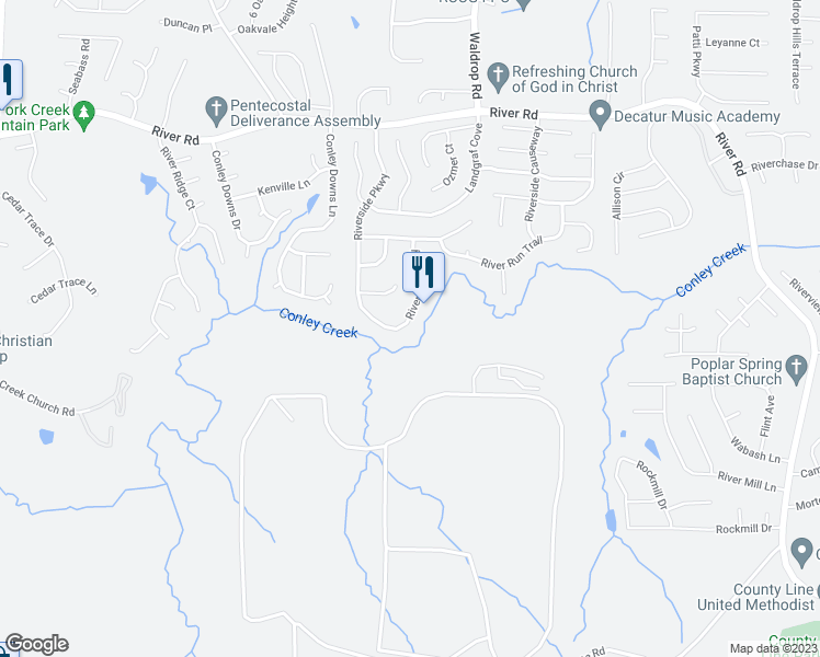 map of restaurants, bars, coffee shops, grocery stores, and more near 3991 Riverside Parkway in Decatur