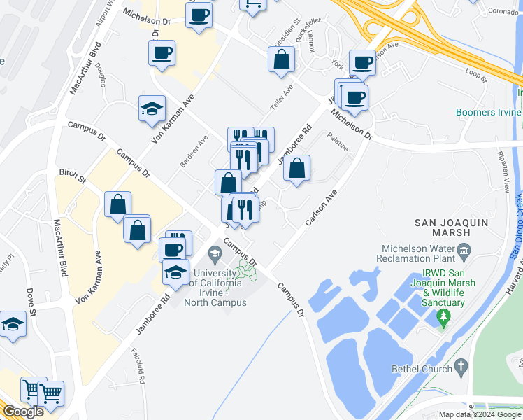 map of restaurants, bars, coffee shops, grocery stores, and more near 2117 Scholarship in Irvine