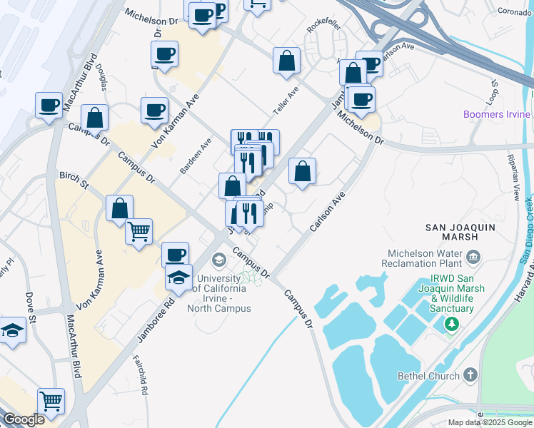 map of restaurants, bars, coffee shops, grocery stores, and more near 2221 Scholarship in Irvine