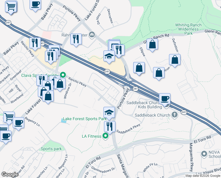 map of restaurants, bars, coffee shops, grocery stores, and more near 178 Pinnacle Drive in Lake Forest