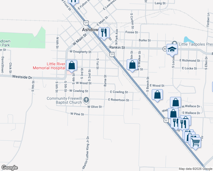 map of restaurants, bars, coffee shops, grocery stores, and more near 520 Byrne Street in Ashdown