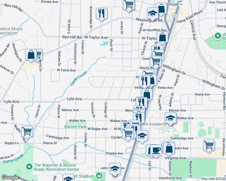 map of restaurants, bars, coffee shops, grocery stores, and more near 3242 College Street in College Park