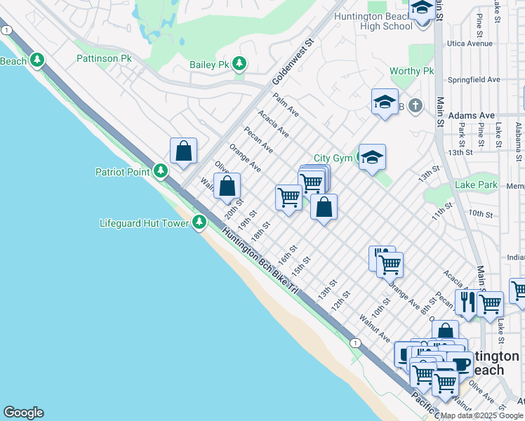 map of restaurants, bars, coffee shops, grocery stores, and more near 222 19th Street in Huntington Beach