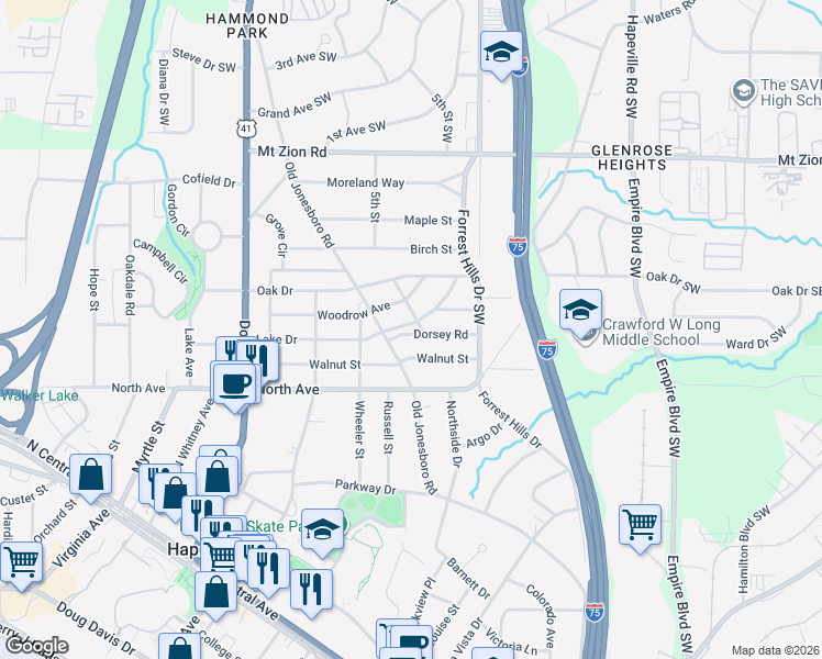 map of restaurants, bars, coffee shops, grocery stores, and more near 421 Lake Drive in Hapeville