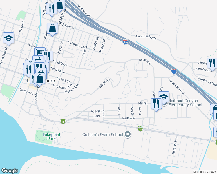 map of restaurants, bars, coffee shops, grocery stores, and more near Ridge Road in Lake Elsinore