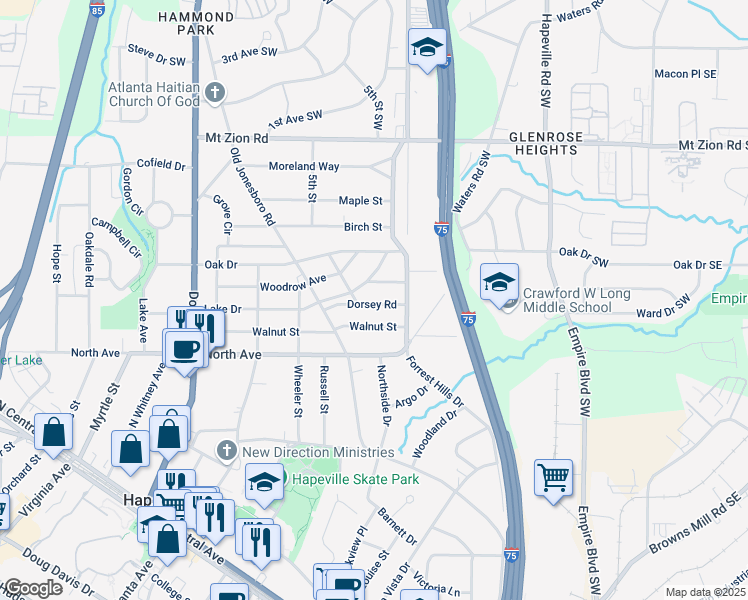 map of restaurants, bars, coffee shops, grocery stores, and more near 444 Grady Place in Hapeville