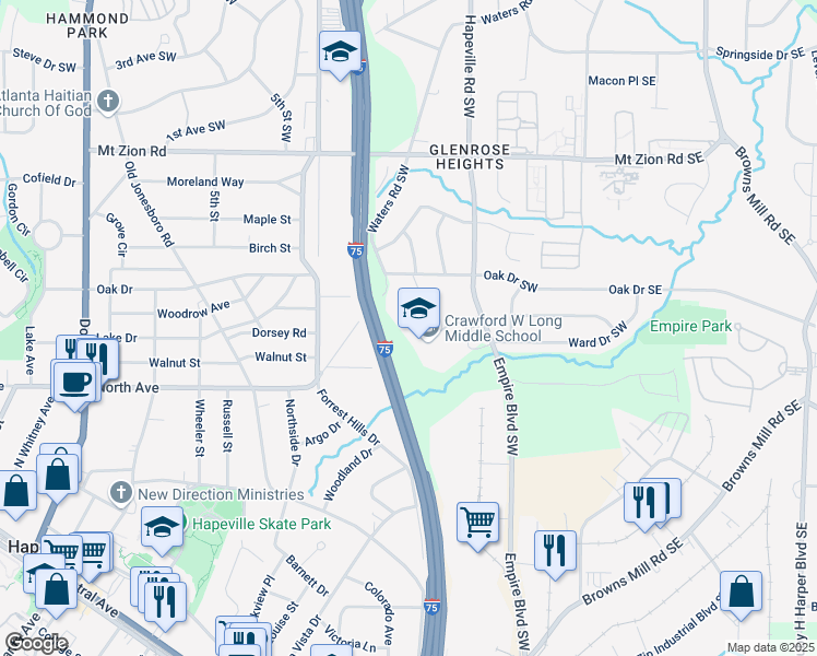 map of restaurants, bars, coffee shops, grocery stores, and more near 180 Wallace Drive Southwest in Atlanta