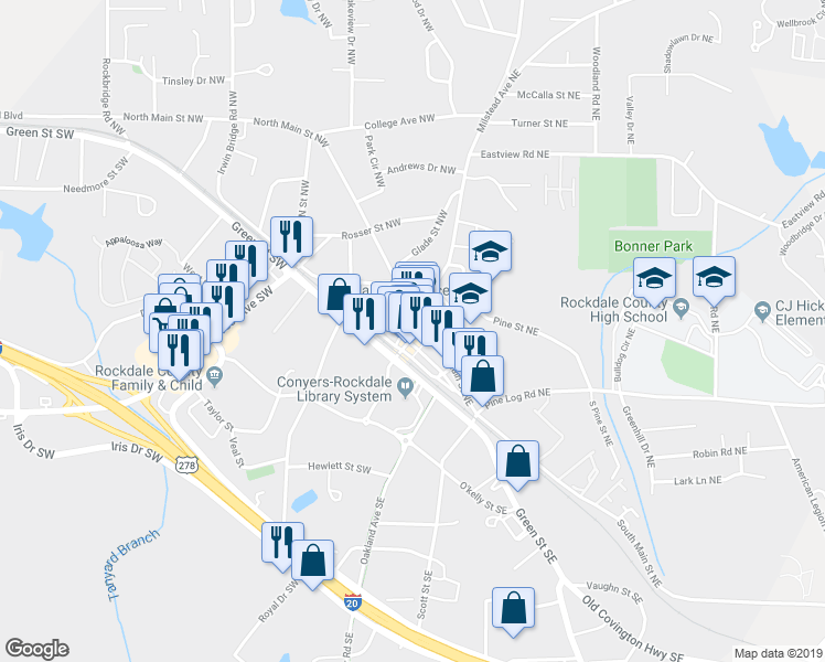 map of restaurants, bars, coffee shops, grocery stores, and more near 920 Center Street Northeast in Conyers