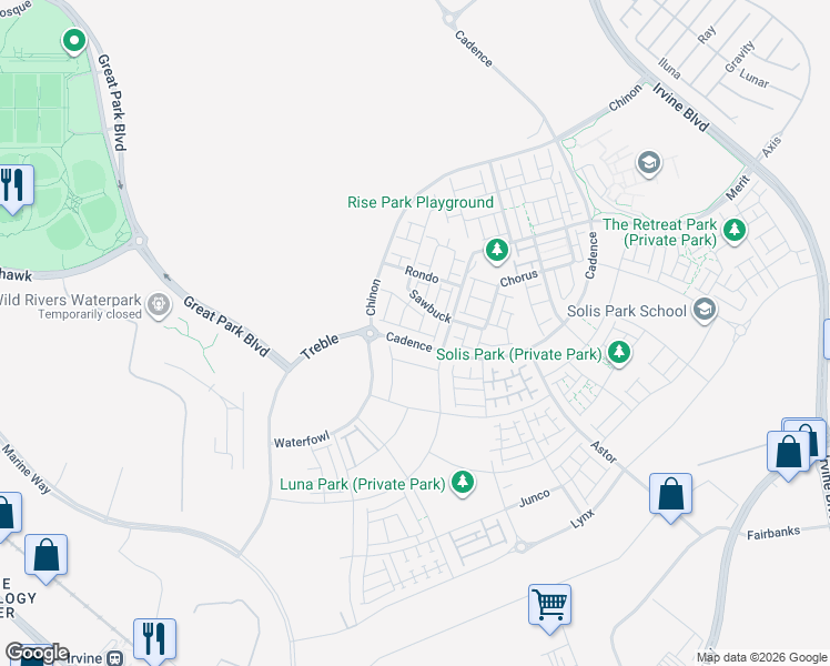 map of restaurants, bars, coffee shops, grocery stores, and more near North 2nd Street in Irvine