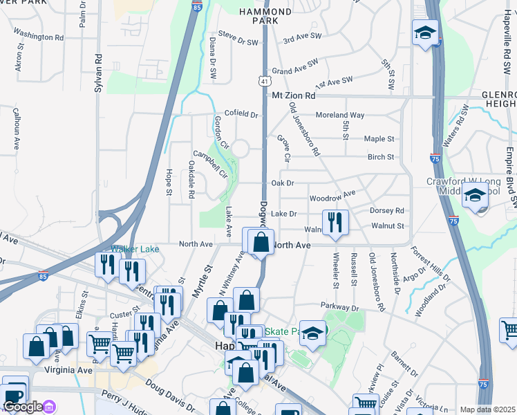 map of restaurants, bars, coffee shops, grocery stores, and more near 3189 Dogwood Drive in Hapeville