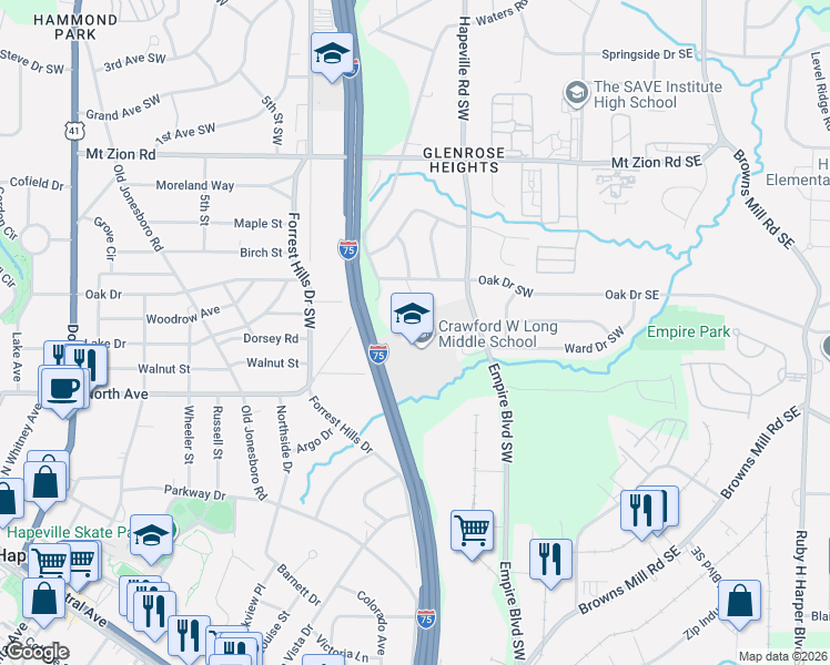 map of restaurants, bars, coffee shops, grocery stores, and more near 190 Wallace Drive Southwest in Atlanta