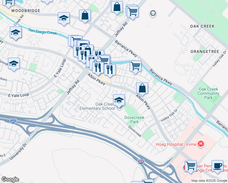 map of restaurants, bars, coffee shops, grocery stores, and more near 30 Dahlia in Irvine