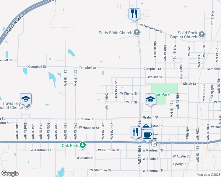 map of restaurants, bars, coffee shops, grocery stores, and more near 2325 Shiloh Street in Paris