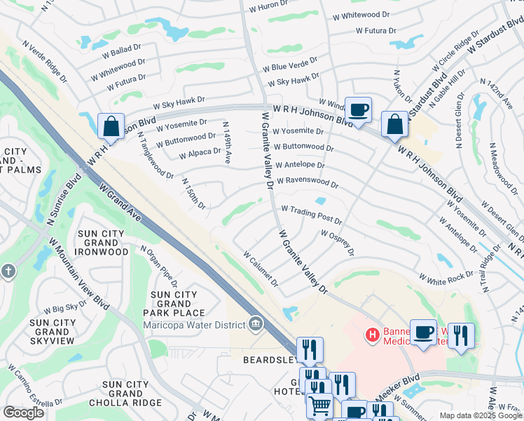map of restaurants, bars, coffee shops, grocery stores, and more near 20042 North Trading Post Drive in Sun City West
