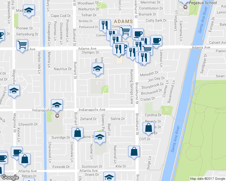map of restaurants, bars, coffee shops, grocery stores, and more near 20341 Wind Cave Lane in Huntington Beach
