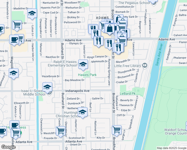 map of restaurants, bars, coffee shops, grocery stores, and more near 20341 Wind Cave Lane in Huntington Beach