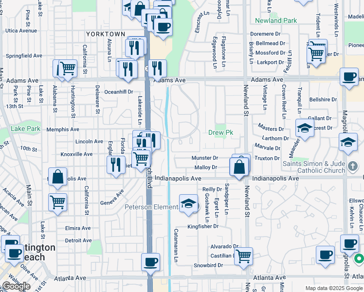 map of restaurants, bars, coffee shops, grocery stores, and more near 20352 Portview Circle in Huntington Beach