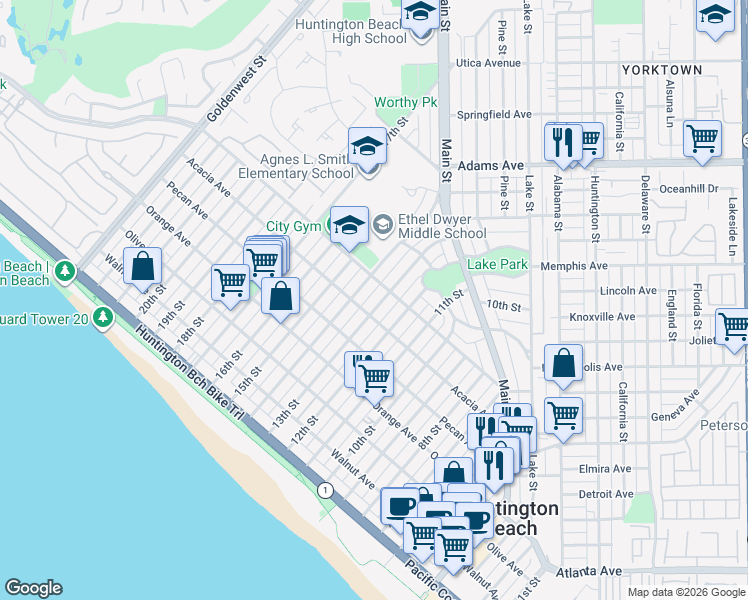 map of restaurants, bars, coffee shops, grocery stores, and more near 613 13th Street in Huntington Beach