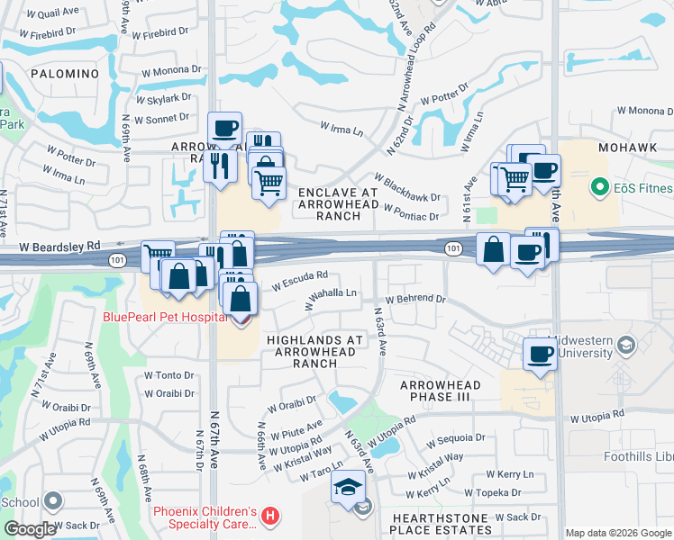map of restaurants, bars, coffee shops, grocery stores, and more near 6406 West Escuda Road in Glendale
