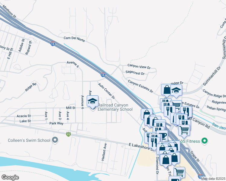 map of restaurants, bars, coffee shops, grocery stores, and more near Temecula Valley Freeway in Lake Elsinore