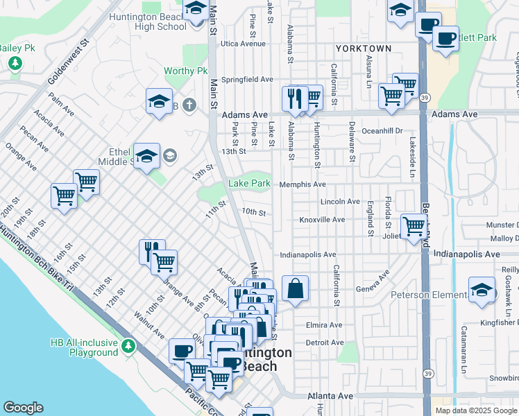 map of restaurants, bars, coffee shops, grocery stores, and more near 929 10th Street in Huntington Beach
