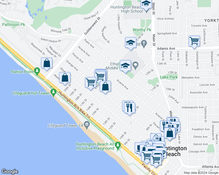 map of restaurants, bars, coffee shops, grocery stores, and more near 502 16th Street in Huntington Beach