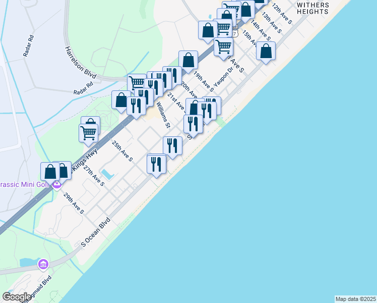map of restaurants, bars, coffee shops, grocery stores, and more near 2209S South Ocean Boulevard in Myrtle Beach