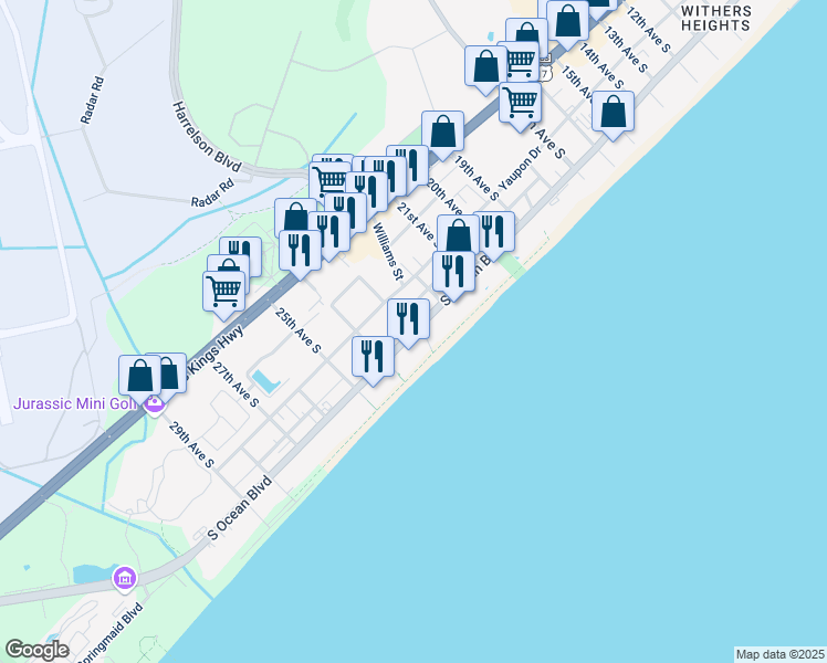 map of restaurants, bars, coffee shops, grocery stores, and more near 320 23rd Avenue South in Myrtle Beach