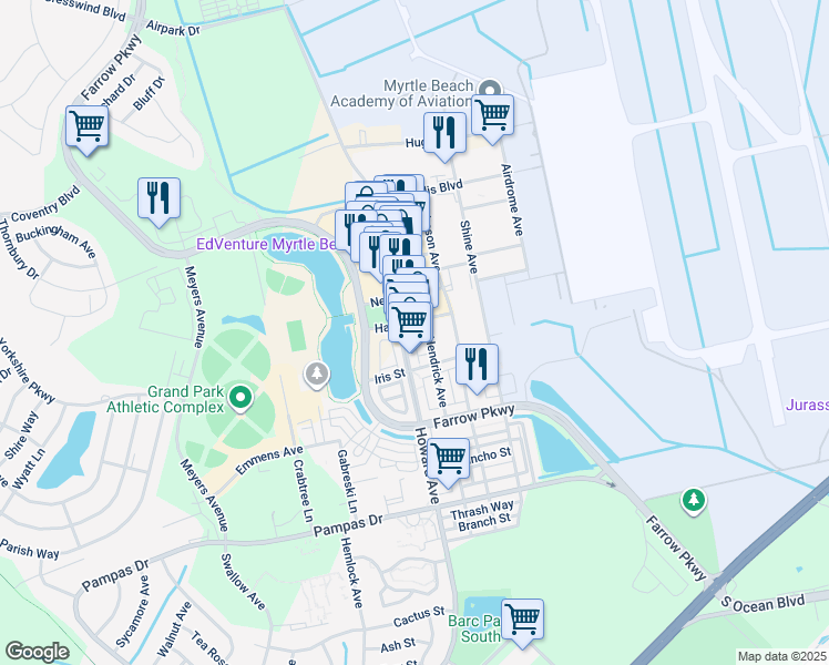 map of restaurants, bars, coffee shops, grocery stores, and more near 3050 Howard Avenue in Myrtle Beach